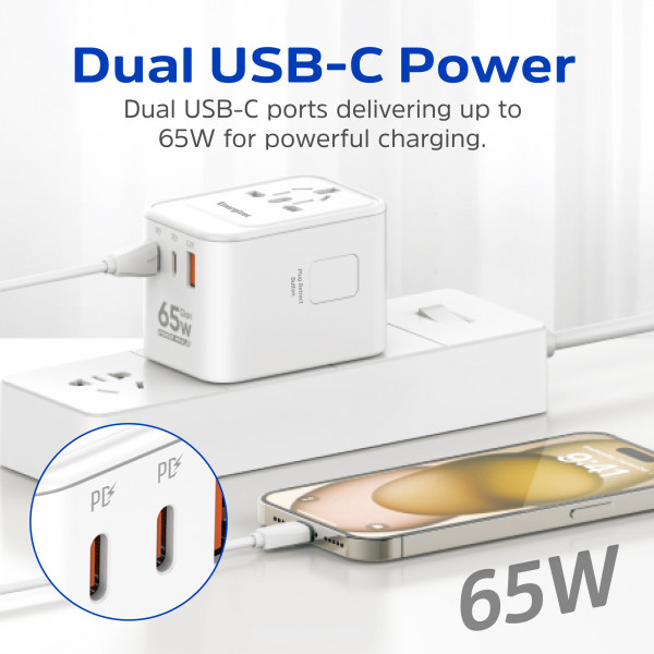 Зарядний пристрій 3xUSB 65W GaN (2хUSB-C+USB-A) PD3.0/QC3.0, universal plugs US/EU/AU/UK Energizer