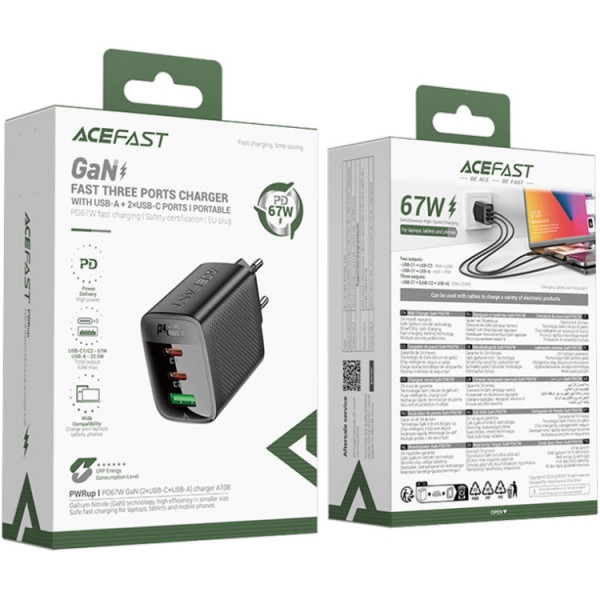 Зарядний пристрій 3xUSB 67W (2xUSB-C+USB-A) Gan A108 Fast Charger Black Acefast