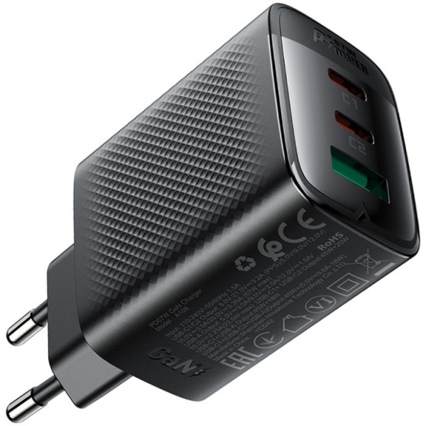 Зарядний пристрій 3xUSB 67W (2xUSB-C+USB-A) Gan A108 Fast Charger Black Acefast