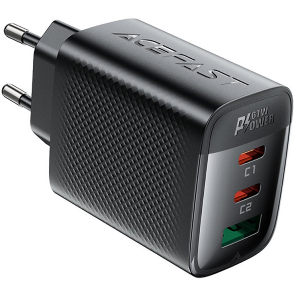 Зарядний пристрій 3xUSB 67W (2xUSB-C+USB-A) Gan A108 Fast Charger Black Acefast