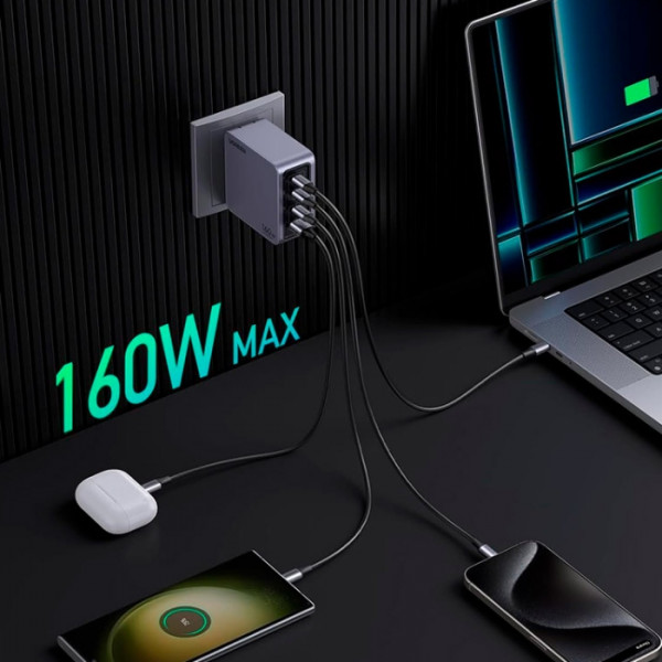 Зарядний пристрій 4xUSB 160W (3xUSB-C + USB-A) GaN + Type-C cable 100W сірий X763 Nexode Pro Ugreen