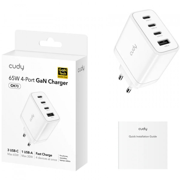Зарядний пристрій 4xUSB 65W, (GaN, 1хUSB-C, QC+PD 3.0, вилка ЄС, для iPhone 12) , Cudy
