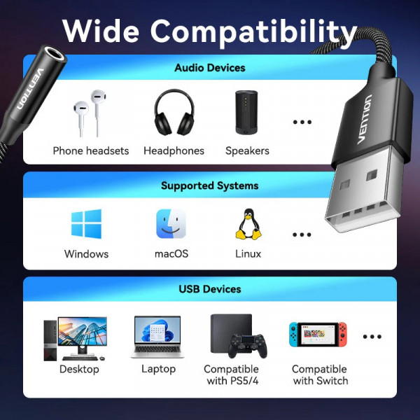 Звукова карта USB AUX jack, TRRS Ear, 0.25 м 96 кГц/24 біт 2-в-1 DSP шумозаглушення Vention