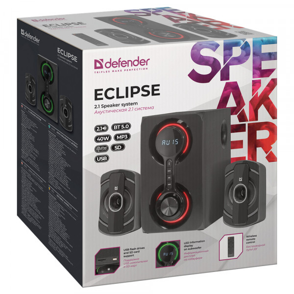 Акустична система 2.1 Defender Eclipse, 40Вт Bluetooth/MP3/SD/USB/AUX/RC