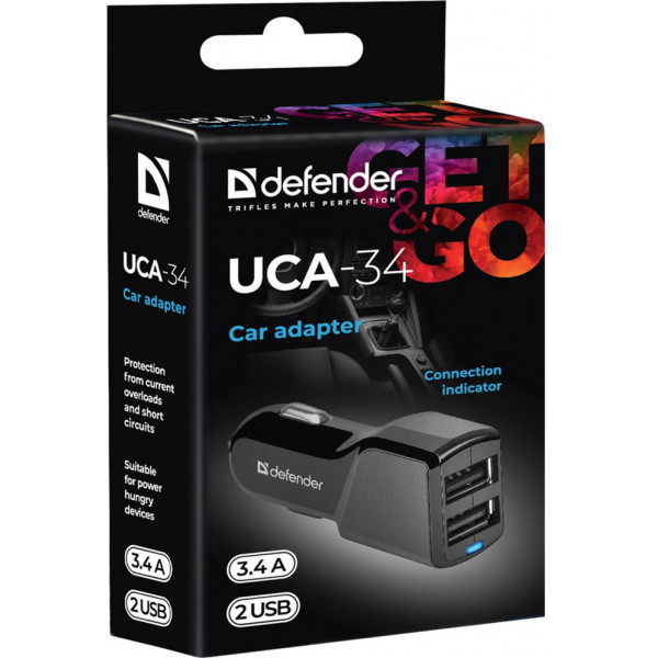 Автозарядка 2xUSB 18W (2xUSB-A) 3.4A UCA-34 чорна Defender