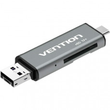 Card Reader USB 2.0, 2-слота SD/TF, USB-A/USB-C/Micro-B, Aluminum Alloy, чорний Vention