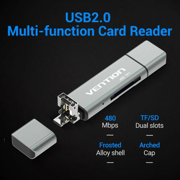 Card Reader USB 2.0, 2-слота SD/TF, USB-A/USB-C/Micro-B, Aluminum Alloy, чорний Vention