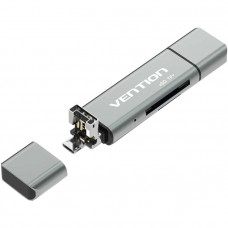 Card Reader USB 2.0, 2-слота SD/TF, USB-A/USB-C/Micro-B, Aluminum Alloy, чорний Vention