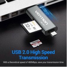 Card Reader USB 2.0, 2-слота SD/TF, USB-A/USB-C/Micro-B, Aluminum Alloy, чорний Vention