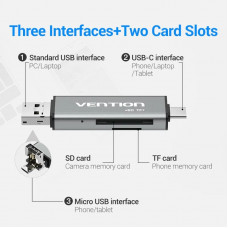 Card Reader USB 2.0, 2-слота SD/TF, USB-A/USB-C/Micro-B, Aluminum Alloy, чорний Vention