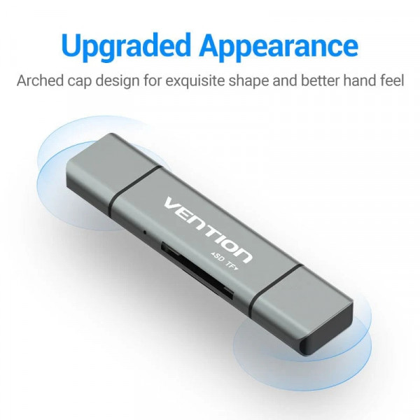 Card Reader USB 2.0, 2-слота SD/TF, USB-A/USB-C/Micro-B, Aluminum Alloy, чорний Vention