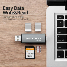 Card Reader USB 2.0, 2-слота SD/TF, USB-A/USB-C/Micro-B, Aluminum Alloy, чорний Vention