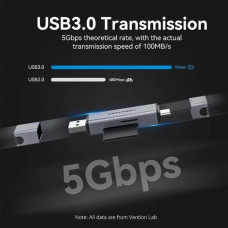 Card Reader USB 3.0 AM/USB-C, 2-слота SD/TF, Dual Drive Letter Aluminum Alloy, сірий Vention