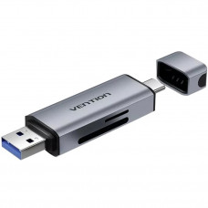 Card Reader USB 3.0 AM/USB-C, 2-слота SD/TF, Dual Drive Letter Aluminum Alloy, сірий Vention