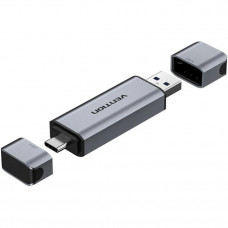 Card Reader USB 3.0 AM/USB-C, 2-слота SD/TF, Dual Drive Letter Aluminum Alloy, сірий Vention