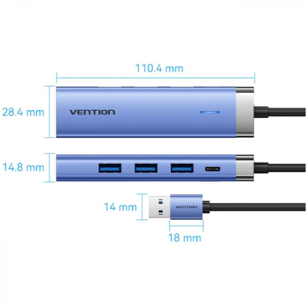 Док станція USB3.0 -> RJ45/USBx3,3.0/Type-C 10W Hub Blue Aluminum Alloy 5-in-1 Vention