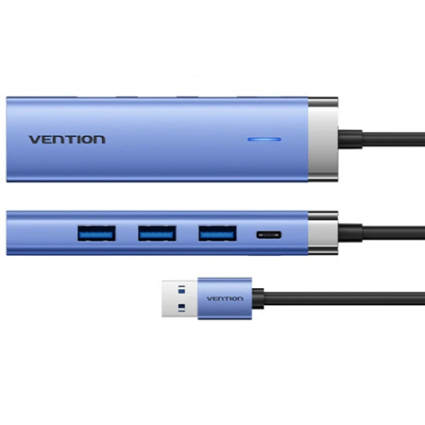 Док станція USB3.0 -> RJ45/USBx3,3.0/Type-C 10W Hub Blue Aluminum Alloy 5-in-1 Vention