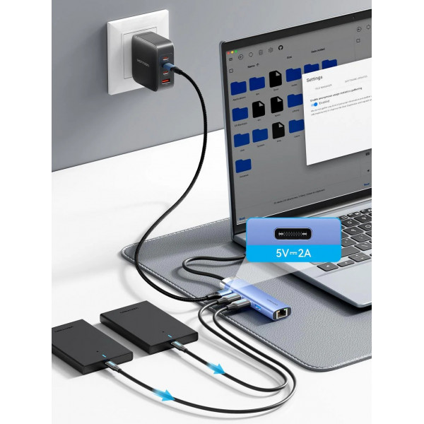 Док станція USB3.0 -> RJ45/USBx3,3.0/Type-C 10W Hub Blue Aluminum Alloy 5-in-1 Vention