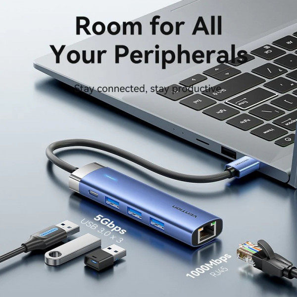 Док станція USB3.0 -> RJ45/USBx3,3.0/Type-C 10W Hub Blue Aluminum Alloy 5-in-1 Vention