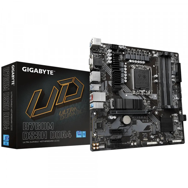 Gigabyte B760M DS3H DDR4 (1700/B760, 4*DDR4, 2хM.2 ,2xPCIex16, VGA , HDMI, 2xDP, 2.5GbE LAN, mATX)