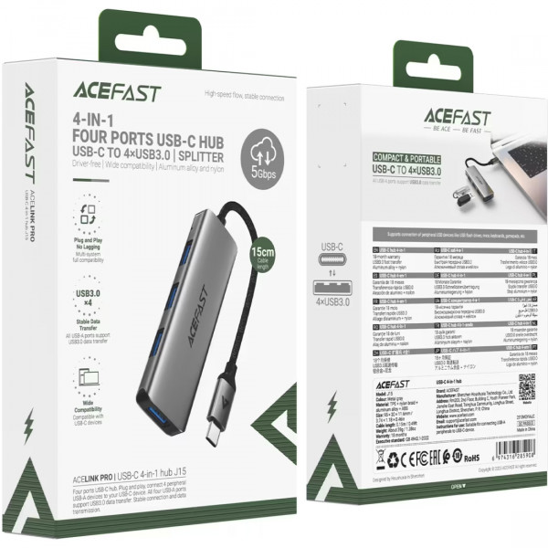 Хаб USB 3.0 -> 4xUSB-A 3.0, 1м, Black J15 Acefast