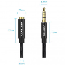 Кабель AUX Audio TRS M/F 1.5м Gold-Plated, нейлонове обплетення, чорний Vention