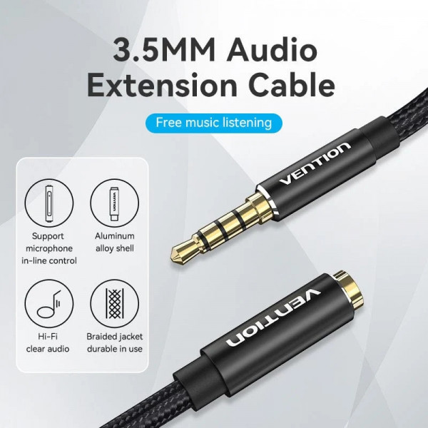 Кабель AUX Audio TRS M/F 1.5м Gold-Plated, нейлонове обплетення, чорний Vention