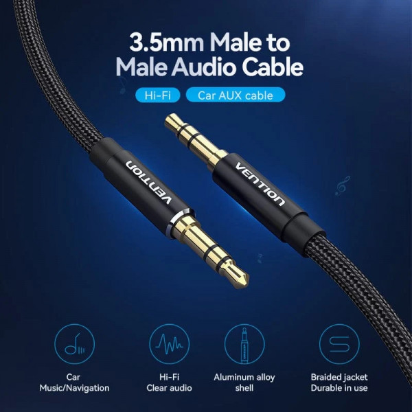 Кабель AUX Audio TRS M/M, 0.5м, чорний, обплетення, Vention