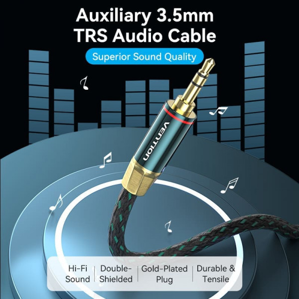 Кабель AUX Audio TRS M/M, 5.0м, Silver-plated, Zinc alloy, обплетення, зелений, Vention