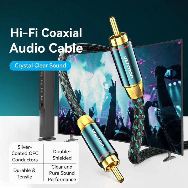 Кабель AUX coaxial HiFi RCA M/M 1.0м OFC Silver, Zinc alloy, зелений, Vention