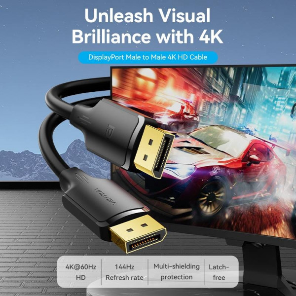 Кабель DisplayPort M - M 1.0 м, V1.2, 4K 60Hz, двонаправлений, чорний, Vention
