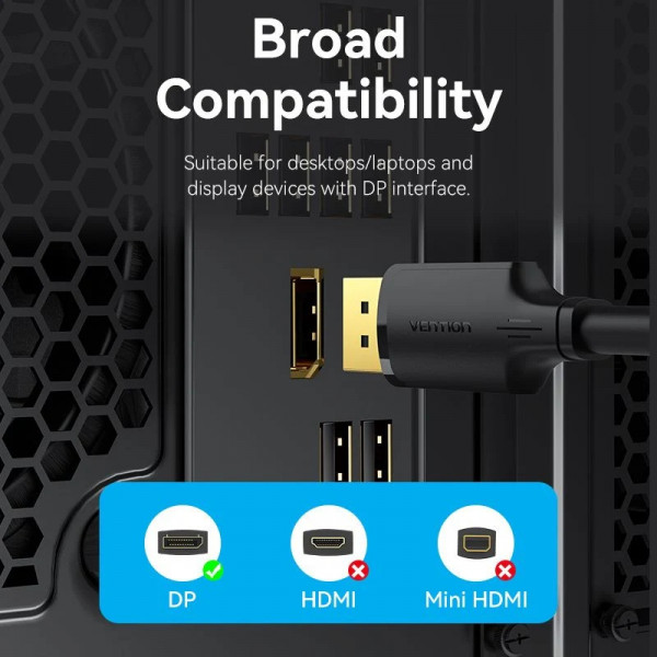 Кабель DisplayPort M - M 1.0 м, V1.2, 4K 60Hz, двонаправлений, чорний, Vention
