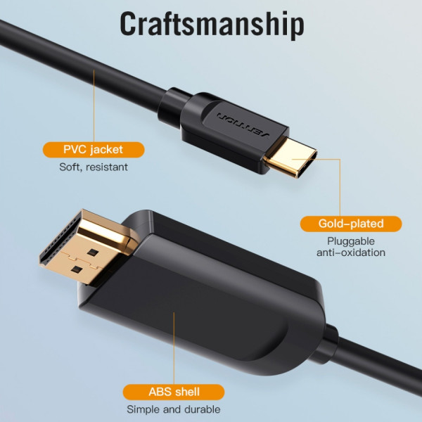 Кабель USB 3.1 Type-C M - HDMI M, 1.5m 4K 30 Гц Thunderbolt 3 HDCP2.2 PVC Black Vention