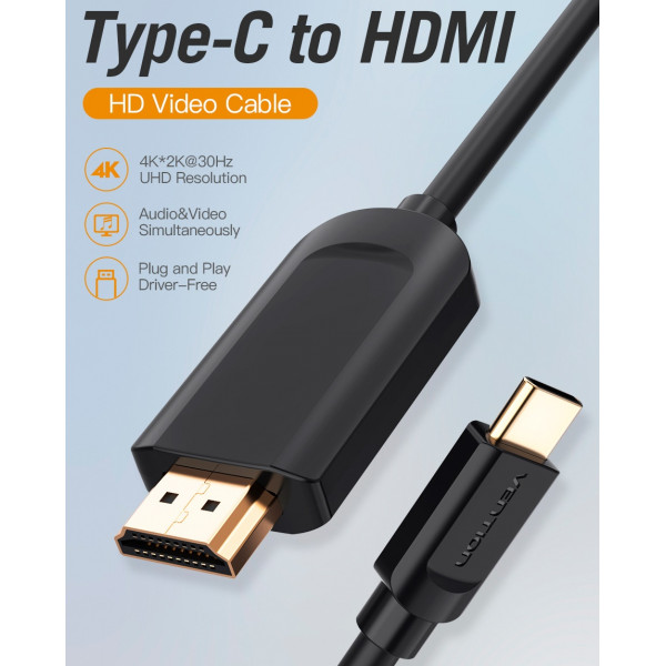 Кабель USB 3.1 Type-C M - HDMI M, 1.5m 4K 30 Гц Thunderbolt 3 HDCP2.2 PVC Black Vention