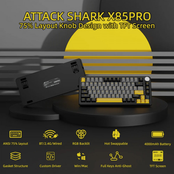Клавіатура ігрова механічна Attack Shark X85PRO 82кл. RGB, Wireless, Star Black