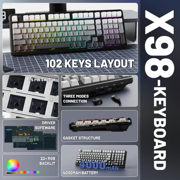 Клавіатура ігрова механічна Attack Shark X98 102кл. RGB, Wireless, Moonlight Night