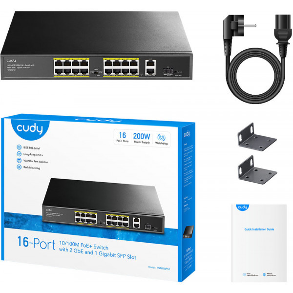 Комутатор Cudy FS1018PS1, 16 порт 10/100M PoE+ Switch with 2 Gigabit Uplink and 1 SFP Port 200W