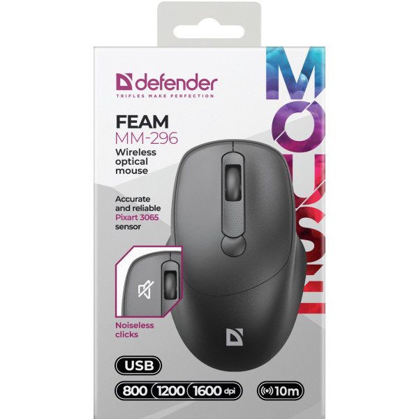 Мишка Defender Feam MM-296, бездротова, 4кн. до 1600 dpi, безшумна, чорна