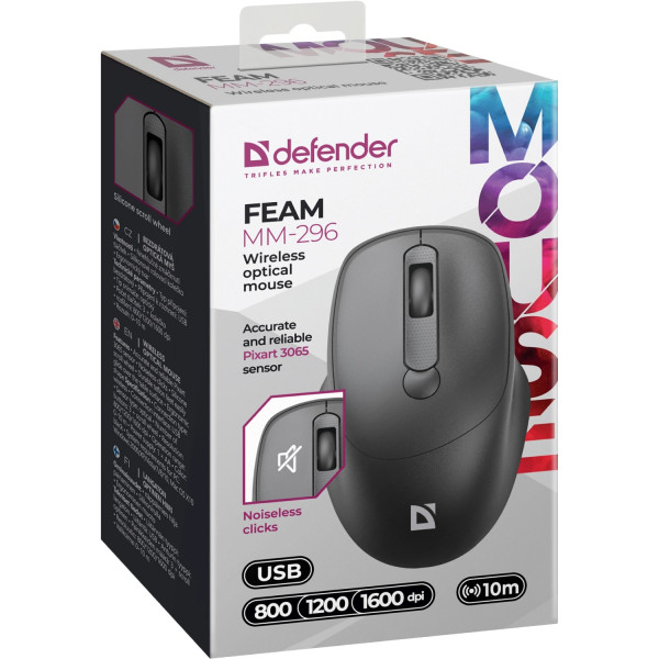 Мишка Defender Feam MM-296, бездротова, 4кн. до 1600 dpi, безшумна, чорна