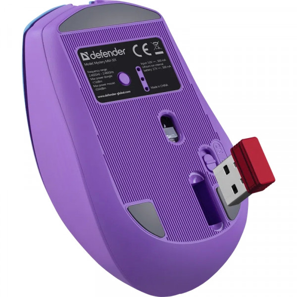 Мишка Defender Mystery MM-301, бездротова Bluetooth+2.4G, 1600 dpi., 4кн., 500mAh, LED, фіолетова