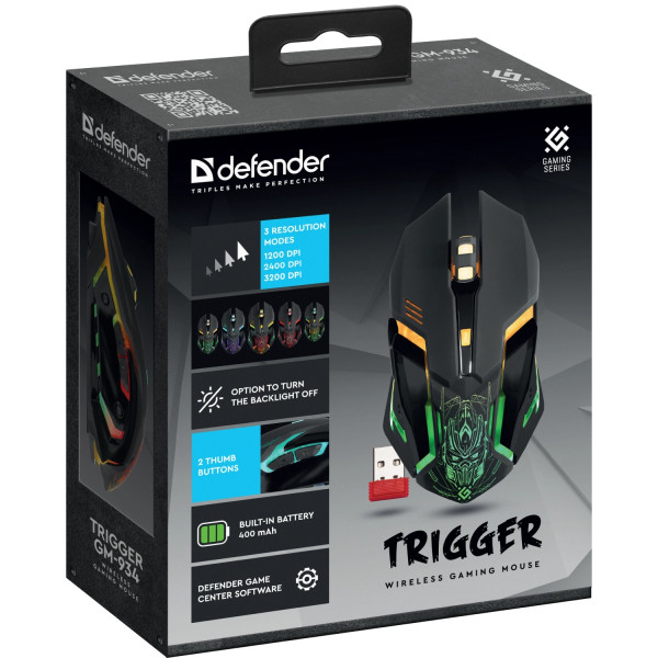 Мишка Defender Trigger GM-934, бездротова, ігрова, 6 кн. 3200 dpi, 350mAh, LED, біла
