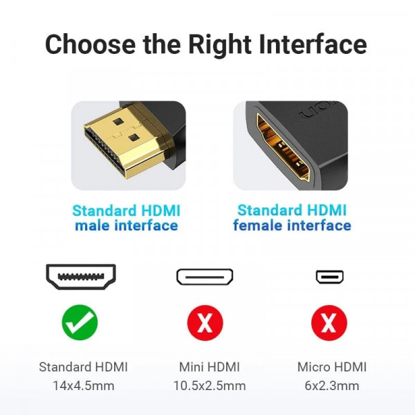 Перехідник HDMI F -> HDMI M, кут 270°, правий, PVC, чорний, Vention