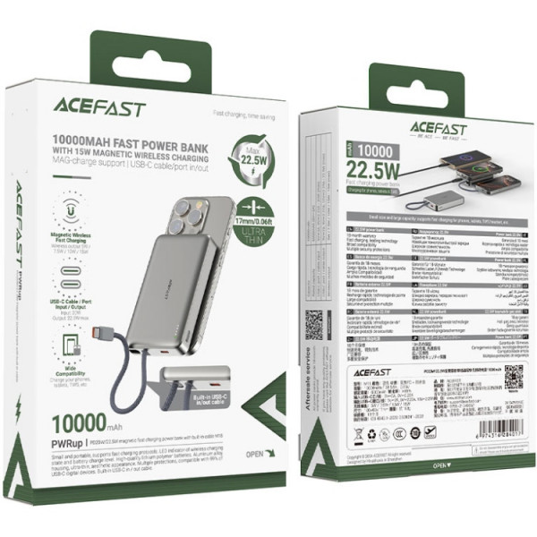 УМБ Acefast Magnetic Wireless 10000mAh 22.5W PD,QC 3.0 USB-C In/Out, QI 15W M18 Black