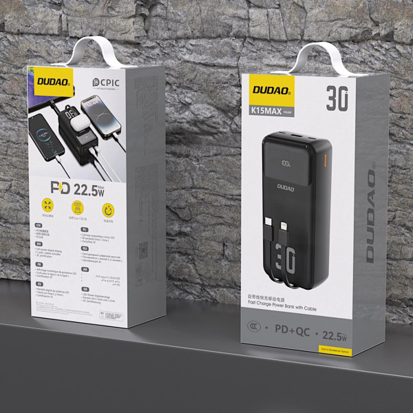 УМБ Dudao 30000mAh K15 MAX 22,5W PD,QC, USB-A, Lightning, USB-C In/Out, with USB-C/Lightning cables