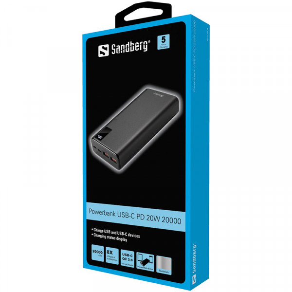 УМБ Sandberg 20000mAh 20W 3A PD,QC3.0, 2xUSB, Type-C OUT