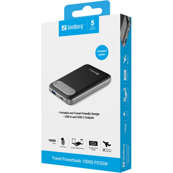 УМБ Sandberg Travel 10000mAh 20W 4,5A PD,QC3.0,USB-A,USB-C, LED, сірий