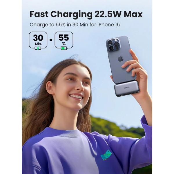 УМБ Ugreen 5000mAh 22,5W USB-C In/Out, with build-in Type-C connector (PB503) сірий