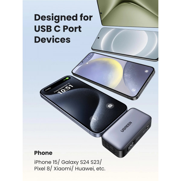 УМБ Ugreen 5000mAh 22,5W USB-C In/Out, with build-in Type-C connector (PB503) сірий