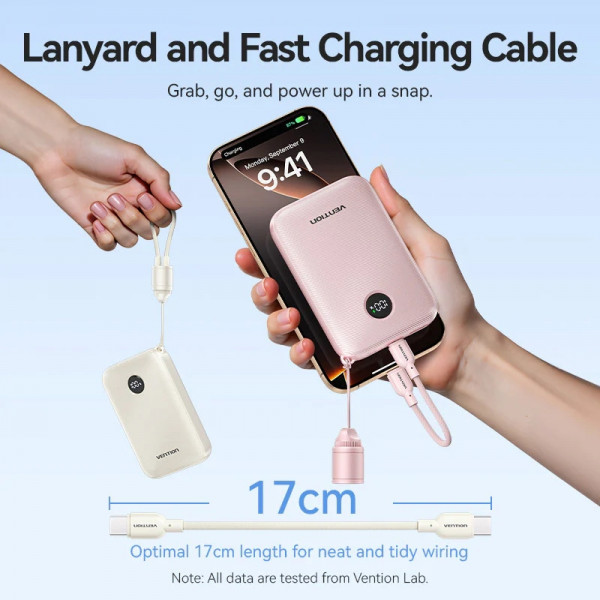 УМБ Vention 10000mAh 22,5W PD, QC USB-A/2xUSB-C In/Out Pink