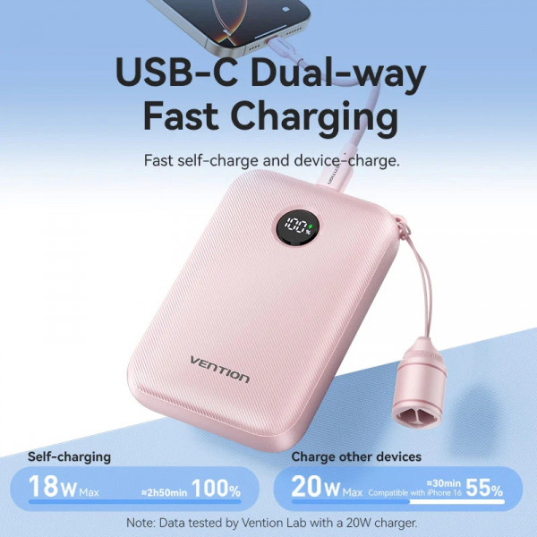 УМБ Vention 10000mAh 22,5W PD, QC USB-A/2xUSB-C In/Out Pink